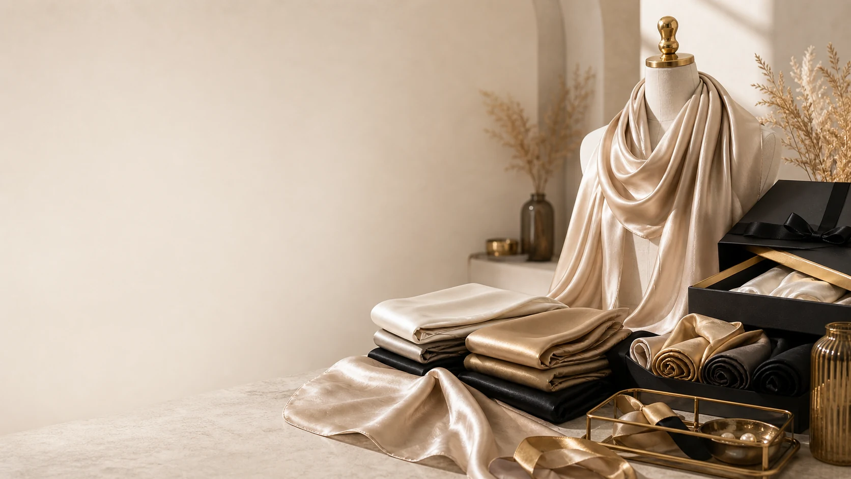 Luxury silk hijab fabric detail and premium packaging